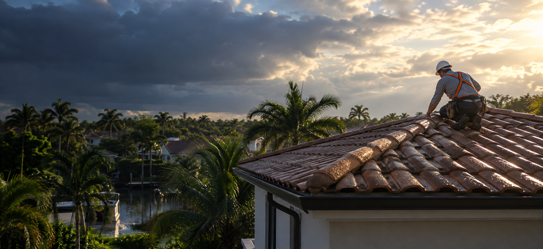 Roofing professional inspecting a tile roof in South Florida